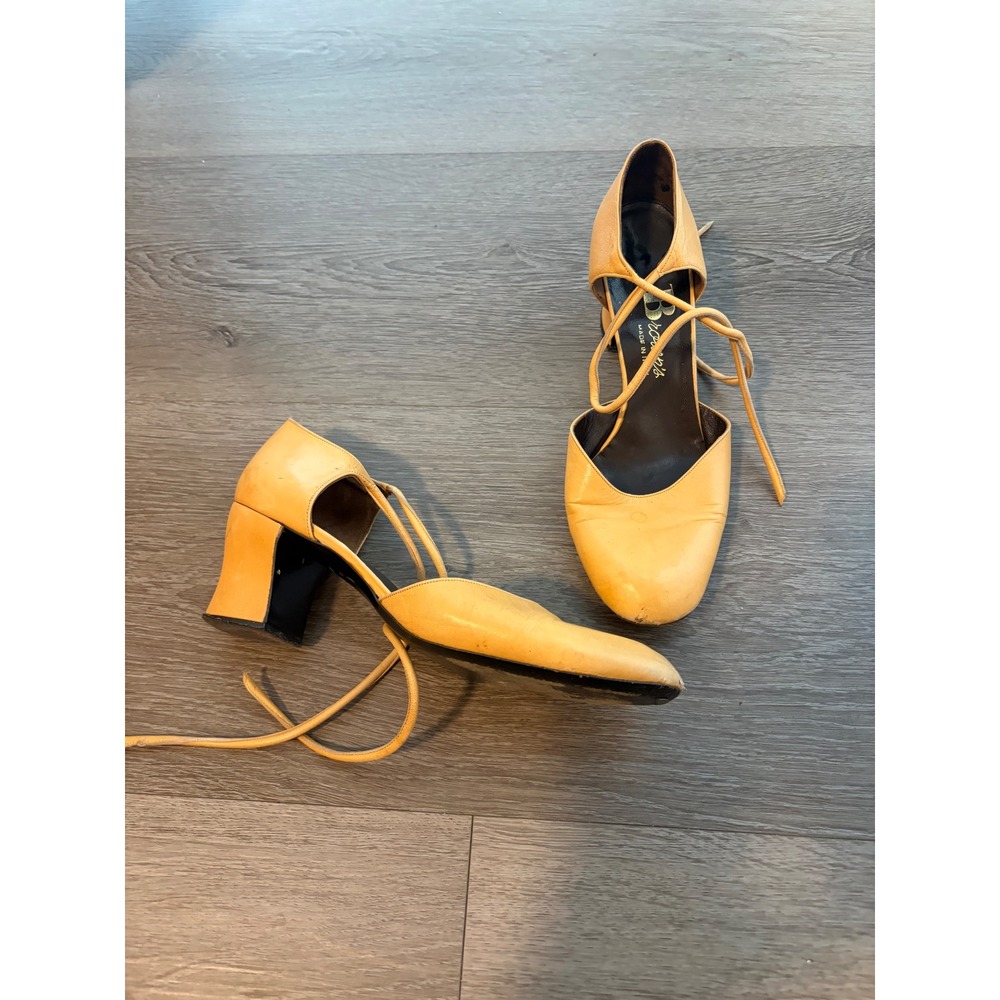 Browns Italy Vintage Yellow Leather Lace Up Block Heel Pumps Size 37